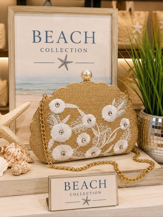 Haute Hippie Handbags - Haute Hippie Beach bag Tan‎ Gold Floral Clutch Wristlet rhinestones embroidered